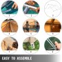 VEVOR canvas wall tent assembly steps with tools and people setting it up.