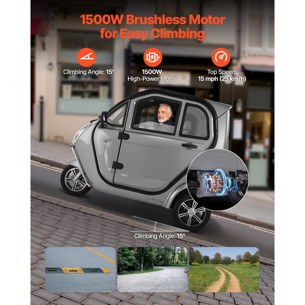 VEVOR 3-Wheel Enclosed Mobility Scooter for Seniors Adults, 650lbs Capacity, 3-Seater 1500W Electric Recreational Mobility Scooter 37 Miles Long Range, Remote Unlock, All-Terrain for Shopping Touring