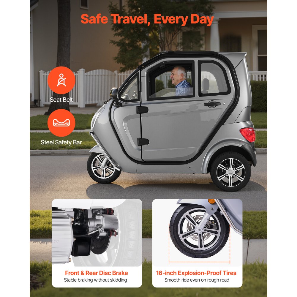 VEVOR 3-Wheel Enclosed Mobility Scooter for Seniors Adults, 650lbs Capacity, 3-Seater 1500W Electric Recreational Mobility Scooter 37 Miles Long Range, Remote Unlock, All-Terrain for Shopping Touring