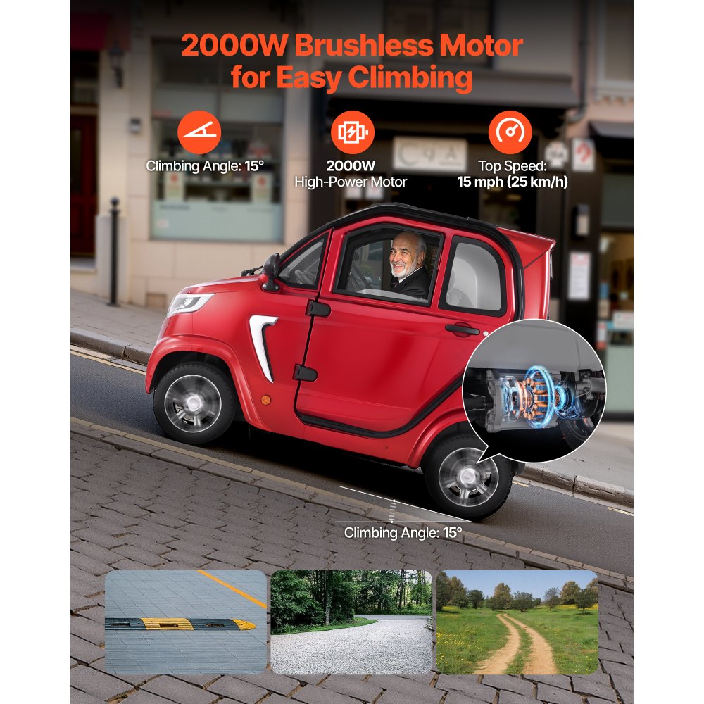 VEVOR 4-Wheel Enclosed Mobility Scooter for Seniors Adults, 660lbs Capacity, 3-Seater 2000W Electric Recreational Mobility Scooter 45 Miles Long Range, Remote Unlock, All-Terrain for Touring Shopping