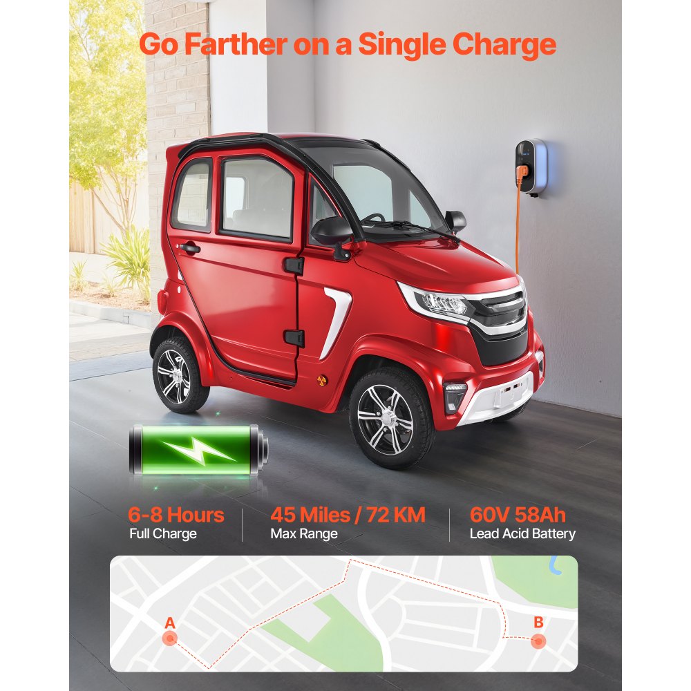VEVOR 4-Wheel Enclosed Mobility Scooter for Seniors Adults, 660lbs Capacity, 3-Seater 2000W Electric Recreational Mobility Scooter 45 Miles Long Range, Remote Unlock, All-Terrain for Touring Shopping