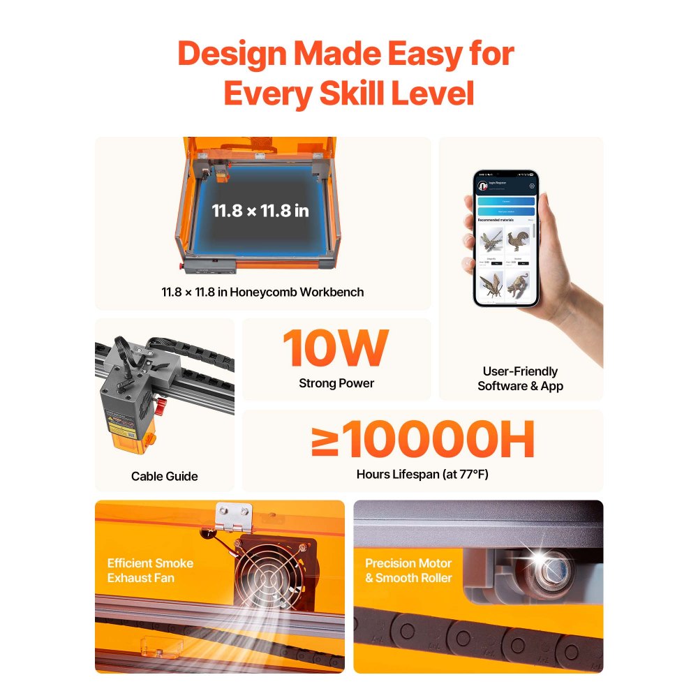 VEVOR Laser Engraver, 10W, Laser Engraving and Cutting Machine with Enclosure, Laser Cutter Engraver Machine, 11.8 x 11.8 in Working Area, 7000 mm/min, for Wood, Leather, Glass, Certain Metal, Class 1