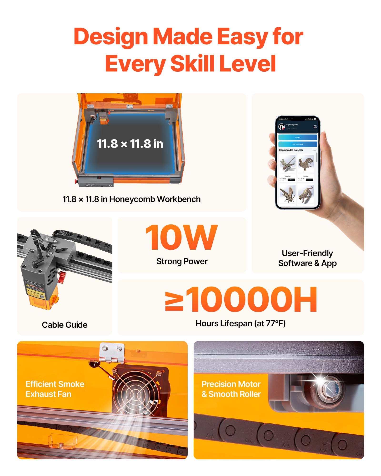VEVOR Laser Engraver, 10W, Laser Engraving and Cutting Machine with Enclosure, Laser Cutter Engraver Machine, 11.8 x 11.8 in Working Area, 7000 mm/min, for Wood, Leather, Glass, Certain Metal, Class 1