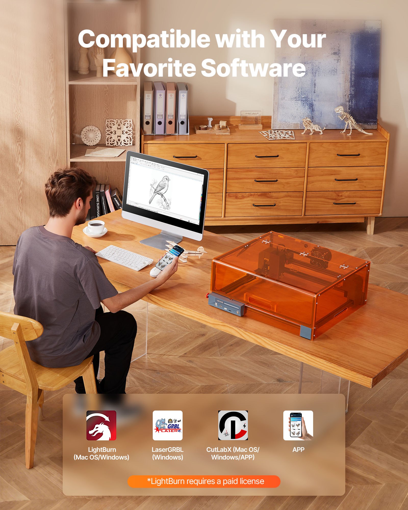 Laserový gravírovací stroj VEVOR, 20 W, laserový gravírovací a řezací stroj s krytem, ​​laserový řezací gravírovací stroj, 7000 mm/min, pracovní plocha 300 x 300 mm, pro dřevo, kůži, sklo, některé kovy, třída 1