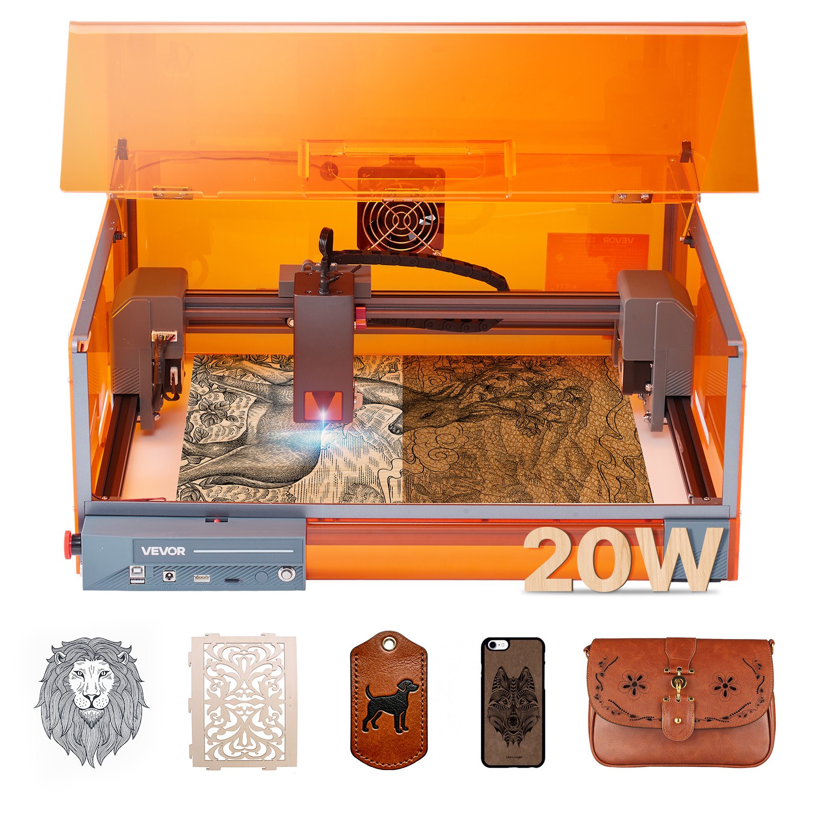 VEVOR Laser Engraver, 20W, Laser Engraving and Cutting Machine with Enclosure, Laser Cutter Engraver Machine, 7000 mm/min, 300 x 300 mm Working Area, for Wood, Leather, Glass, Certain Metal, Class 1