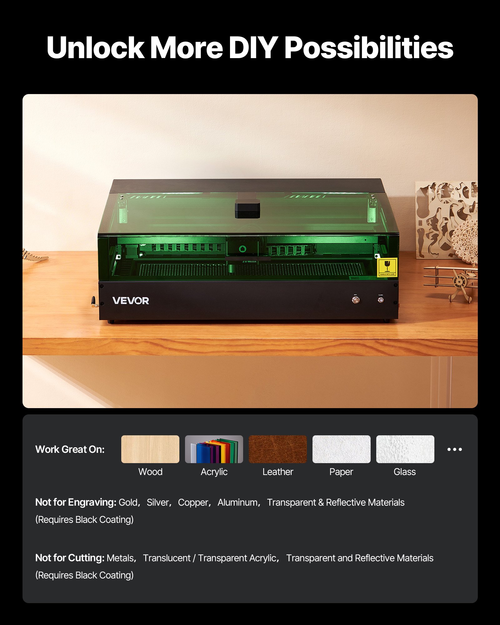VEVOR Laser Engraver, 20W, Laser Engraving and Cutting Machine with Enclosure Camera, Laser Cutter, 36000 mm/min, 500 x 320 mm Working Area, for Wood, Leather, Glass, Paper, Certain Metal, Class 1
