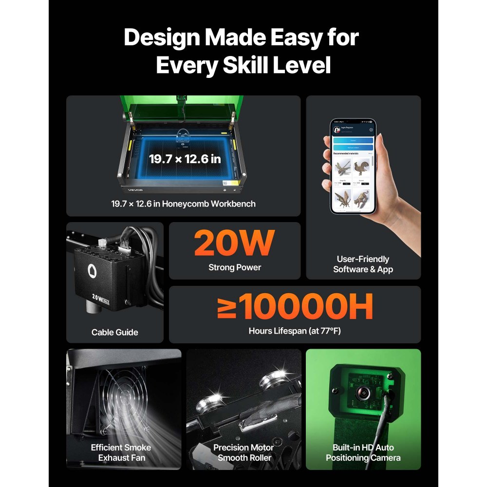 VEVOR Laser Engraver, 20W, Laser Engraving and Cutting Machine with Enclosure Camera, Laser Cutter, 36000 mm/min, 500 x 320 mm Working Area, for Wood, Leather, Glass, Paper, Certain Metal, Class 1