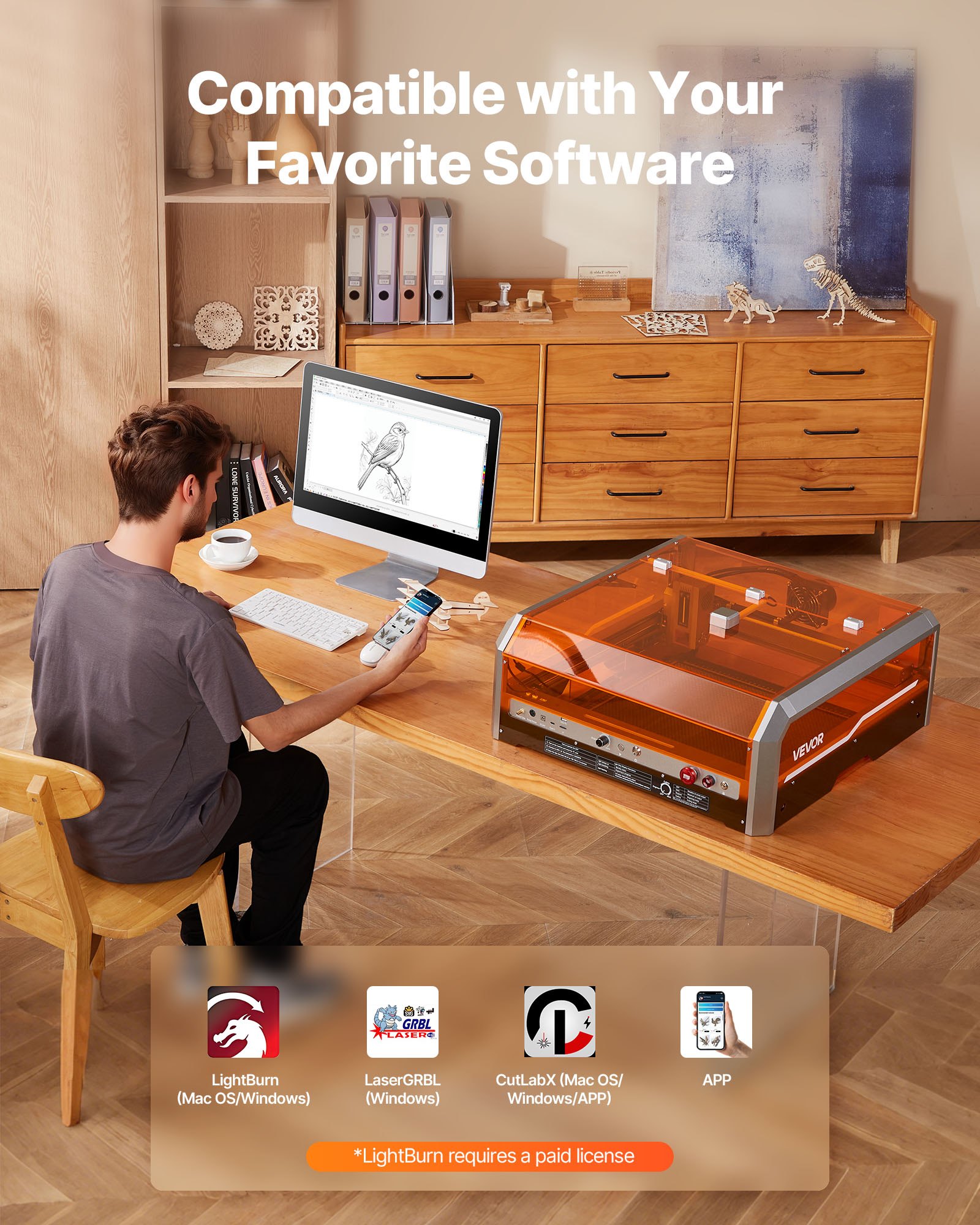 VEVOR lasergravør, 20 W, lasergraverings- og skjæremaskin med kabinettkamera, laserkutter, 400 x 400 mm arbeidsområde, 30 000 mm/min, for tre, lær, glass, papir, visse metaller, klasse 1