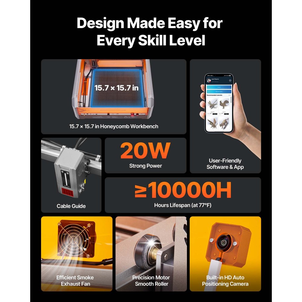 VEVOR Laser Engraver, 20W, Laser Engraving and Cutting Machine with Enclosure Camera, Laser Cutter, 400 x 400 mm Working Area, 30000 mm/min, for Wood, Leather, Glass, Paper, Certain Metal, Class 1