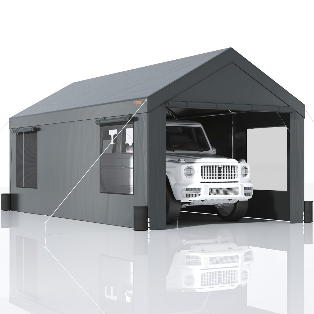 VEVOR Carport, 10x20 fod Heavy Duty Car Canopy, Transportabel garage med rullende ventilerede vinduer og aftagelige sidevægge, UV-resistent vandtæt presenning til SUV, F150, bil, lastbil, båd
