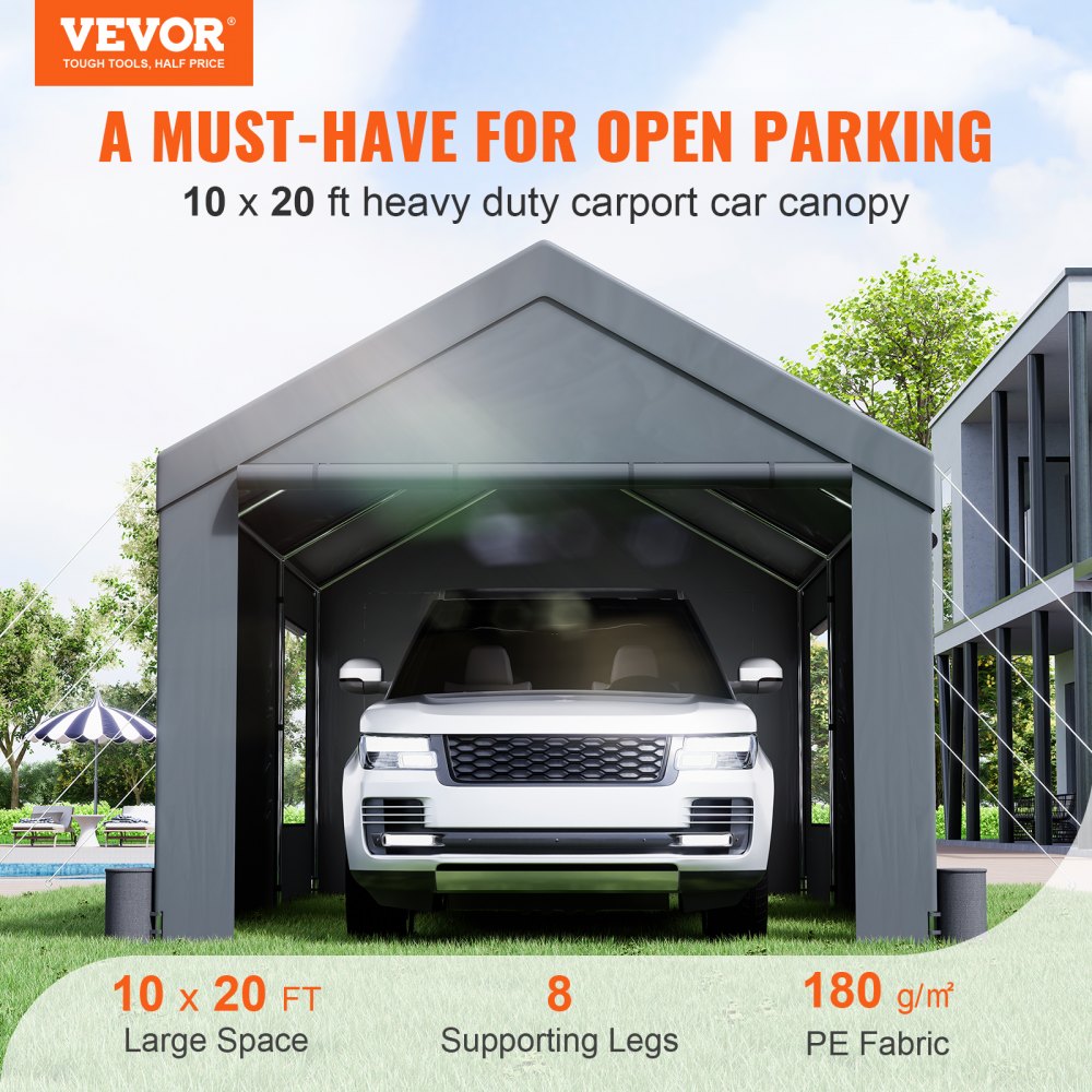 VEVOR Carport, Heavy Duty 10x20ft Car Canopy, Outdoor Garage Shelter with Removable Sidewalls, Roll-up Ventilated Windows & Door, UV Resistant Waterproof All-Season Tarp for Car, Truck, Boat, Darkgray
