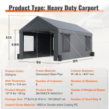 VEVOR Carport, Heavy Duty 10x20ft Car Canopy, Outdoor Garage Shelter with Removable Sidewalls, Roll-up Ventilated Windows & Door, UV Resistant Waterproof All-Season Tarp for Car, Truck, Boat, Darkgray