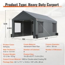 VEVOR Carport, Heavy Duty 10x20ft Car Canopy, Outdoor Garage Shelter with Removable Sidewalls, Roll-up Ventilated Windows & Door, UV Resistant Waterproof All-Season Tarp for Car, Truck, Boat, Darkgray