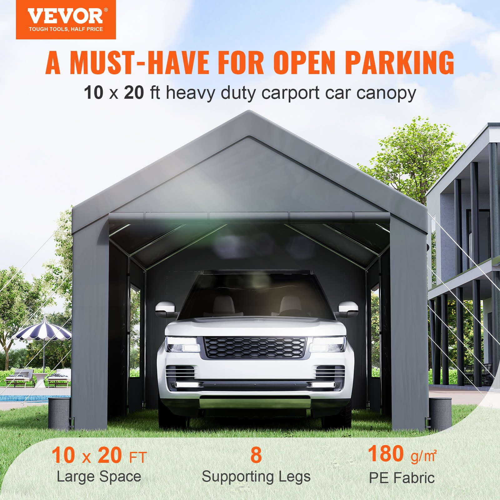 VEVOR Carport, Heavy Duty 10x20ft Car Canopy, Outdoor Garage Shelter with Removable Sidewalls, Roll-up Ventilated Windows & Door, UV Resistant Waterproof All-Season Tarp for Car, Truck, Boat, Darkgray