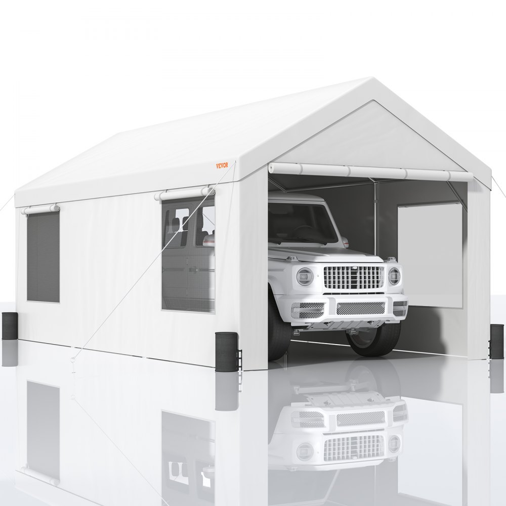 VEVOR Carport, Heavy Duty 10x20ft bilkapell, utomhusgarageskydd med löstagbara sidoväggar, upprullbara ventilerade fönster och dörrar, UV-beständig vattentät presenning för bil, lastbil, båt, vit