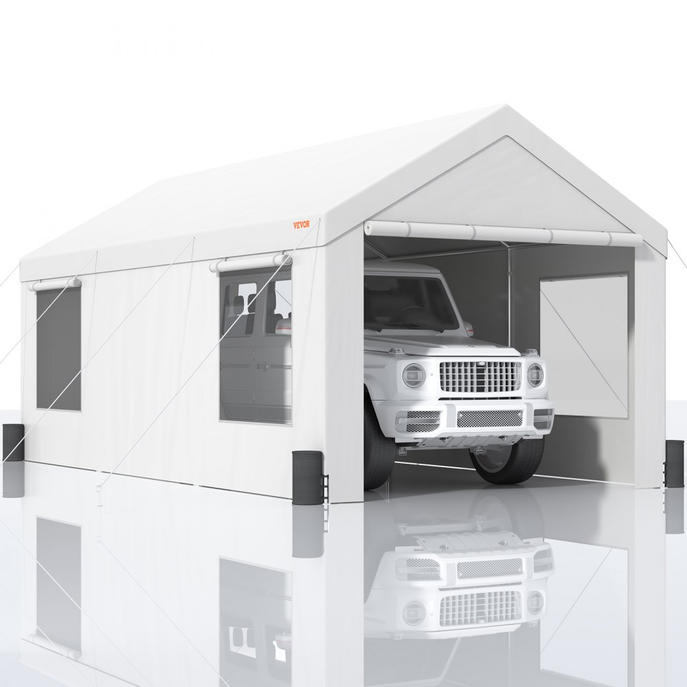 white suv inside VEVOR carport with side windows, tied ropes, and reflective floor.