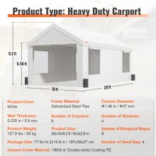 VEVOR Carport, Heavy Duty 10x20ft Car Canopy, Outdoor Garage Shelter with Removable Sidewalls, Roll-up Ventilated Windows & Doors, UV Resistant Waterproof All-Season Tarp for Car, Truck, Boat, White