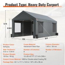 VEVOR Carport, Heavy Duty 12x20ft Car Canopy, Outdoor Garage Shelter with Removable Sidewalls, Roll-up Ventilated Windows & Door, UV Resistant Tarp for Car, Truck, Boat, Darkgray