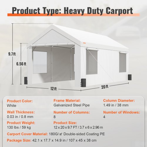 VEVOR Carport, Heavy Duty 12x20ft Car Canopy, Outdoor Garage Shelter with Removable Sidewalls, Roll-up Ventilated Windows & Doors, UV Resistant Waterproof All-Season Tarp for Car, Truck, Boat, White