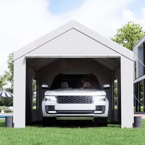 VEVOR Carport, Heavy Duty 12x20ft Car Canopy, Outdoor Garage Shelter with Removable Sidewalls, Roll-up Ventilated Windows & Doors, UV Resistant Waterproof All-Season Tarp for Car, Truck, Boat, White