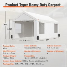 VEVOR Carport, 12 x 20 ft Heavy Duty Car Canopy with Roll-up Ventilated Windows, Extra Large Portable Garage with Removable Sidewalls, Waterproof UV Resistant Tarp for SUV, Truck, Boat