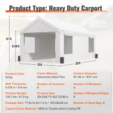 VEVOR Carport, Heavy Duty 12x20ft Car Canopy, Outdoor Garage Shelter with Removable Sidewalls, Roll-up Ventilated Windows & Doors, UV Resistant Waterproof All-Season Tarp for Car, Truck, Boat, White