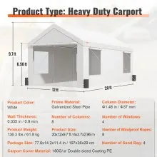 VEVOR Carport, 12 x 20 ft Heavy Duty Car Canopy with Roll-up Ventilated Windows, Extra Large Portable Garage with Removable Sidewalls, Waterproof UV Resistant All-Season Tarp for SUV, Truck, Boat