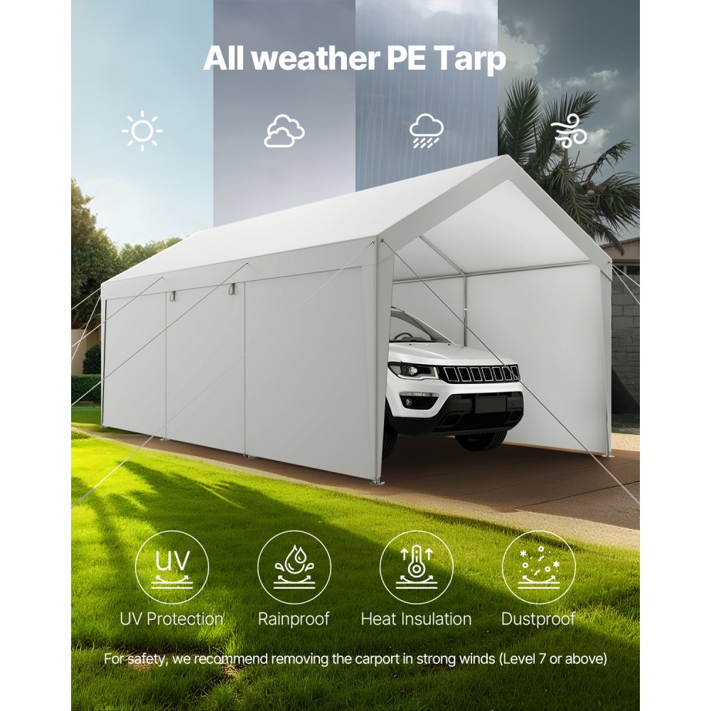 VEVOR Carport, 10 x 20 FT Outdoor Car Canopy, Potable Carport with Removable Sidewalls & Door, Heavy Duty Car Shelter, UV-Resistant & Water-Resistant, All-Season Protection for Automobile Boat White