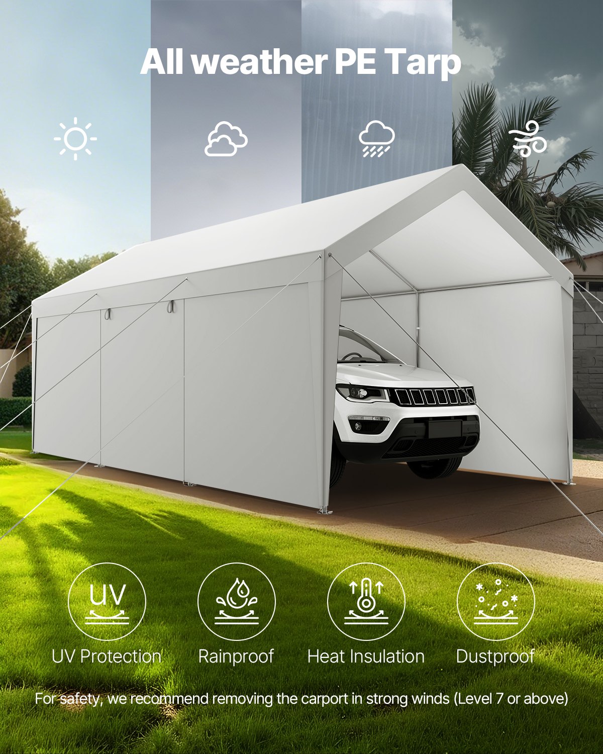 VEVOR Carport, 10 x 20 FT Outdoor Car Canopy, Potable Carport with Removable Sidewalls & Door, Heavy Duty Car Shelter, UV-Resistant & Water-Resistant, All-Season Protection for Automobile Boat White
