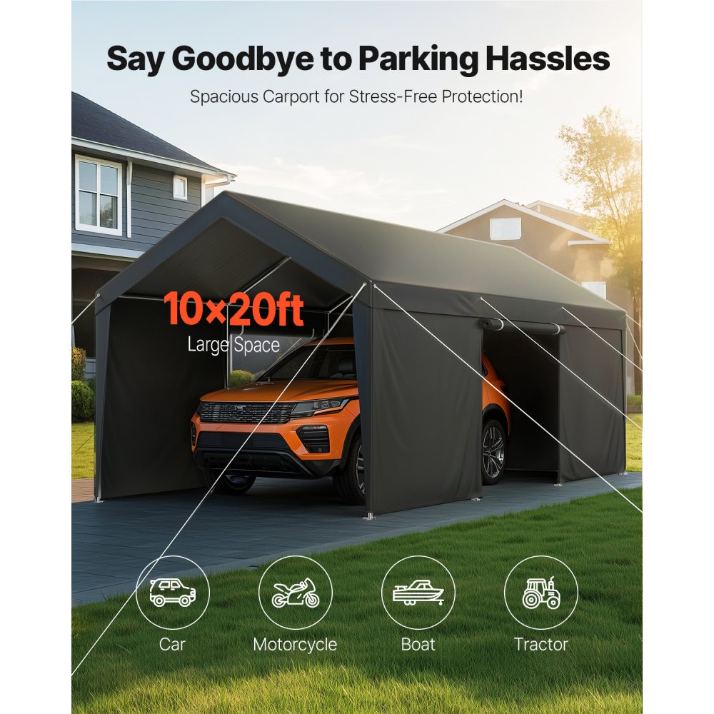 VEVOR Carport, 10 x 20 FT Outdoor Car Canopy, Potable Carport with Removable Sidewalls & Door, Heavy Duty Car Shelter, UV-Resistant & Water-Resistant, All-Season Protection for Automobile Boat Grey