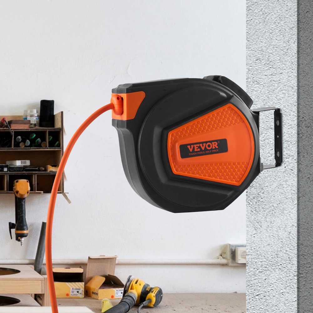 VEVOR Retractable Air Hose Reel, 3/8 IN x 50 FT Hybrid Air Hose Max 300PSI, Air Compressor Hose Reel with 5 In Lead in, Ceiling / Wall Mount Enclosed Air Reel, 180° Swivel Mount