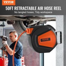 VEVOR Retractable Air Hose Reel, 3/8 IN x 50 FT Hybrid Air Hose Max 300PSI, Air Compressor Hose Reel with 5 In Lead in, Ceiling / Wall Mount Enclosed Air Reel, 180° Swivel Mount