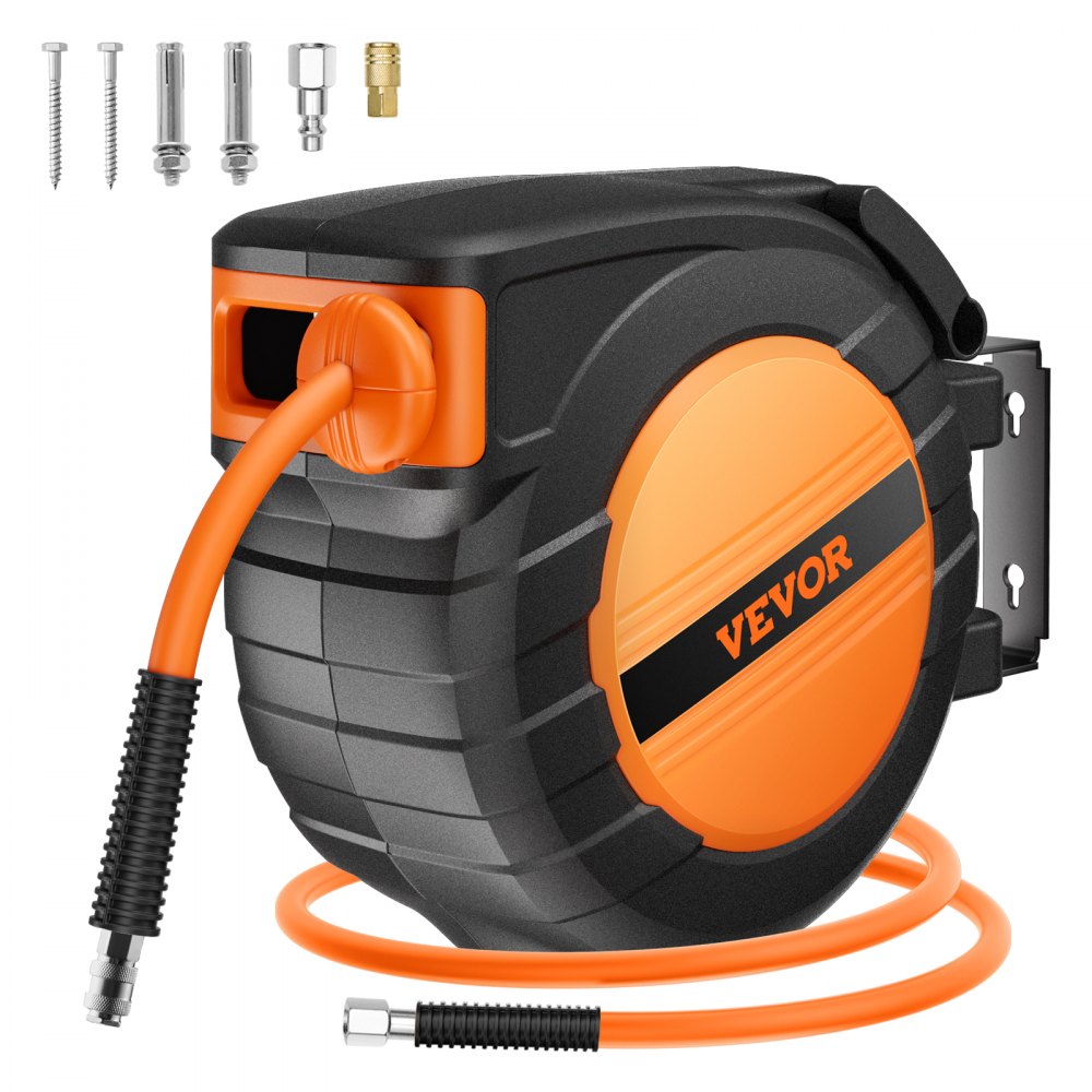 VEVOR Retractable Air Hose Reel, 3/8IN x 50FT Hybrid Air Hose Max 300PSI, Air Compressor Hose Reel Auto-Rewind with 5FT Lead in, Ceiling/Wall Mount Enclosed PP Reel & Built-in 180° Swivel Bracket