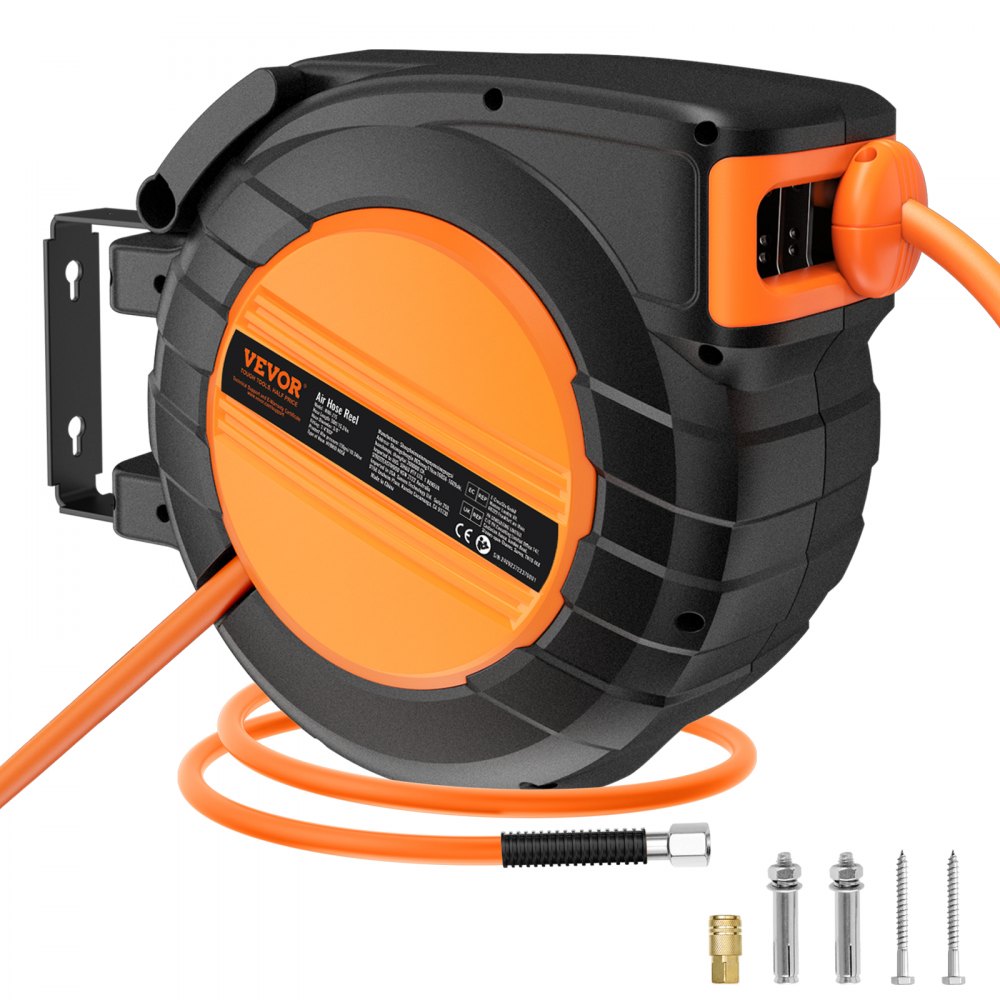 VEVOR Retractable Air Hose Reel, 3/8IN x 50FT Hybrid Air Hose Max 300PSI, Air Compressor Hose Reel Auto-Rewind with 5FT Lead in, Ceiling/Wall Mount Enclosed PP Reel & Built-in 180° Swivel Bracket