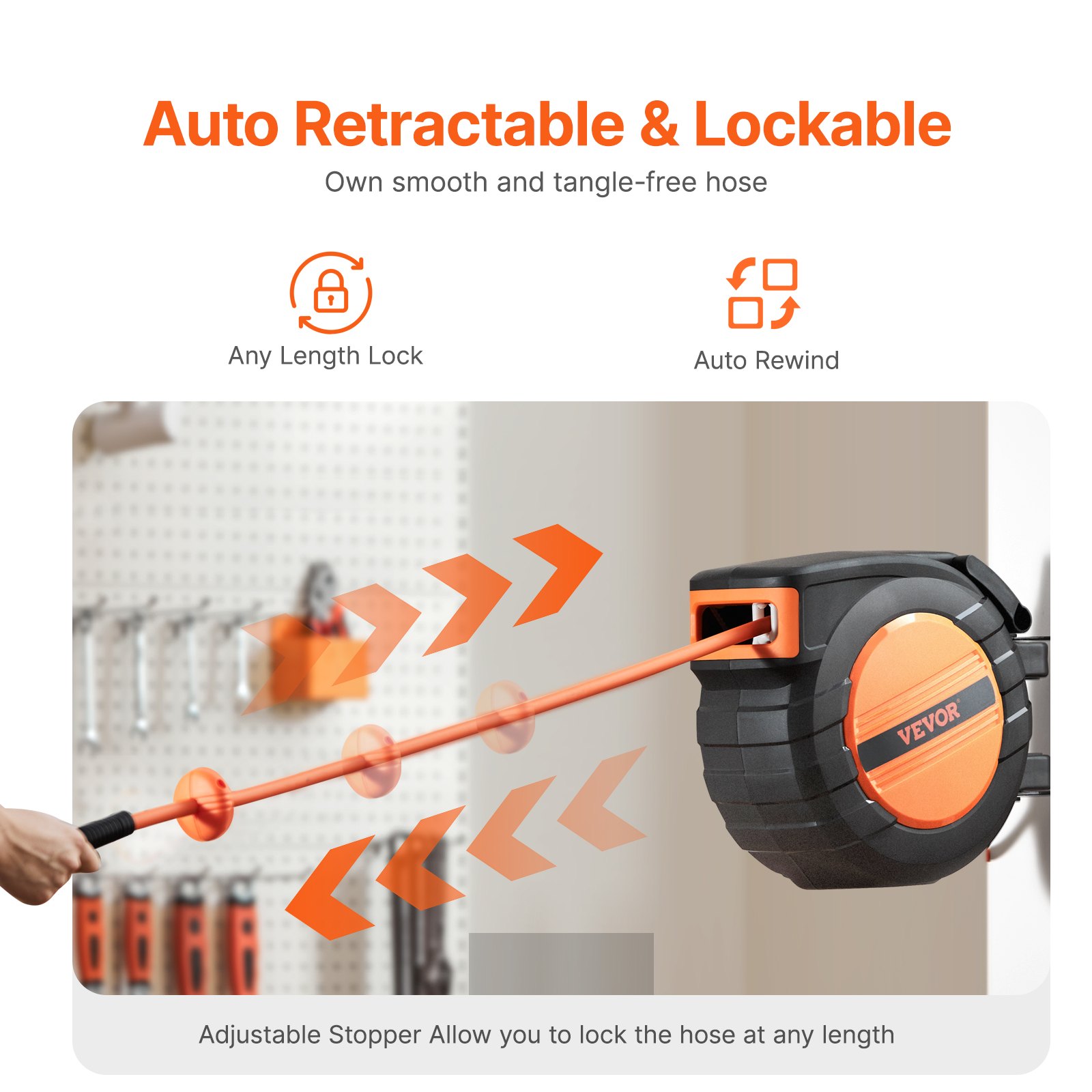 VEVOR Retractable Air Hose Reel, 3/8IN x 50FT Hybrid Air Hose Max 300PSI, Air Compressor Hose Reel Auto-Rewind with 5FT Lead in, Ceiling/Wall Mount Enclosed PP Reel & Built-in 180° Swivel Bracket