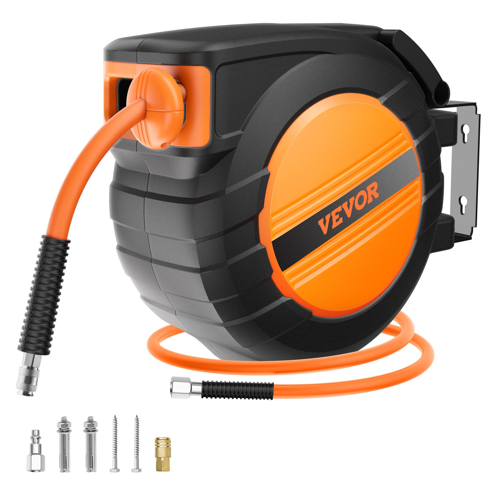 VEVOR Retractable Air Hose Reel, 3/8IN x 50FT Hybrid Air Hose Max 300PSI, Air Compressor Hose Reel Auto-Rewind with 5FT Lead in, Ceiling/Wall Mount Enclosed PP Reel & Built-in 180° Swivel Bracket