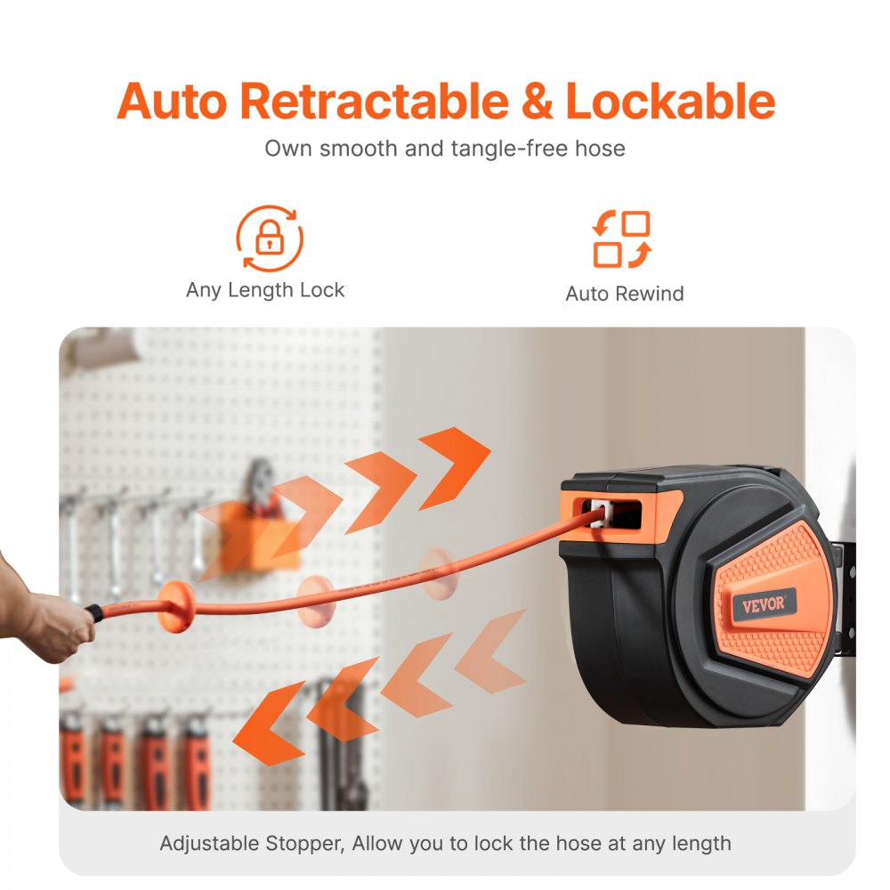 VEVOR Retractable Air Hose Reel, 3/8IN x 65FT Hybrid Air Hose Max 300PSI, Air Compressor Hose Reel Auto-Rewind with 6.6 FT Lead in, Ceiling/Wall Mount Enclosed PP Reel & Built-in 180° Swivel Bracket