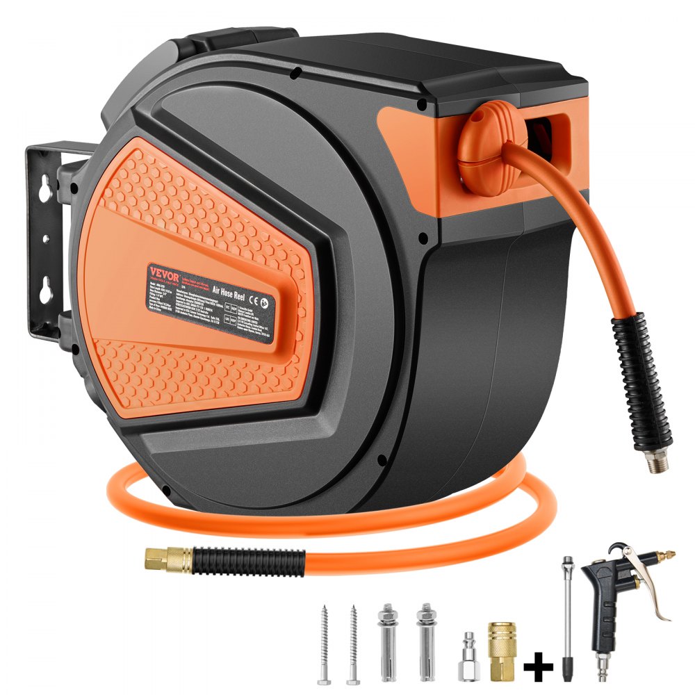 VEVOR Retractable Air Hose Reel, 3/8IN x 65FT Hybrid Air Hose Max 300PSI, Air Compressor Hose Reel Auto-Rewind with 6.6 FT Lead in, Ceiling/Wall Mount Enclosed PP Reel & Built-in 180° Swivel Bracket