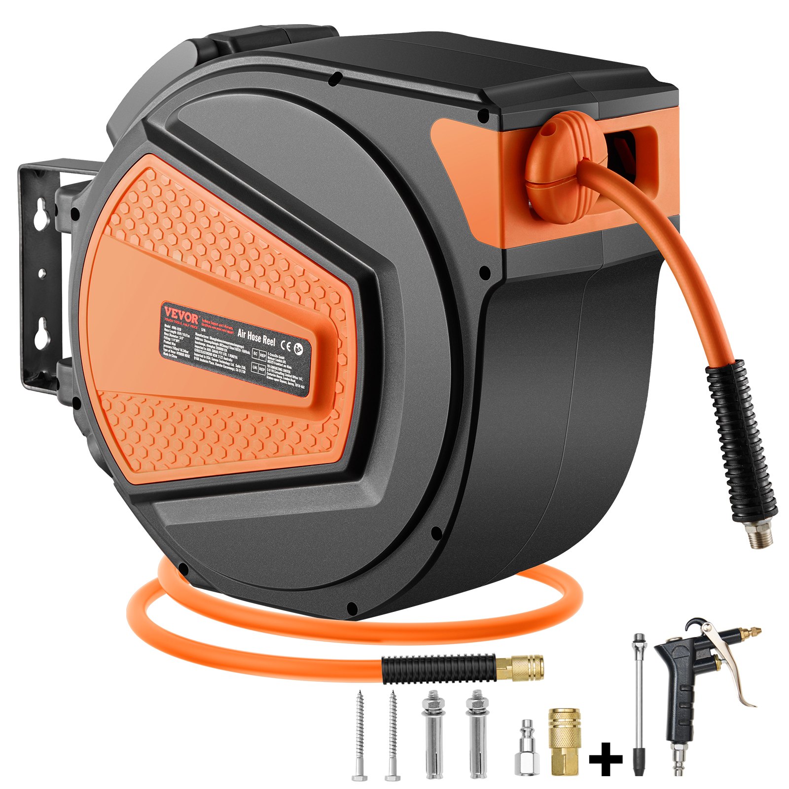 VEVOR Retractable Air Hose Reel, 3/8IN x 65FT Hybrid Air Hose Max 300PSI, Air Compressor Hose Reel Auto-Rewind with 6.6 FT Lead in, Ceiling/Wall Mount Enclosed PP Reel & Built-in 180° Swivel Bracket