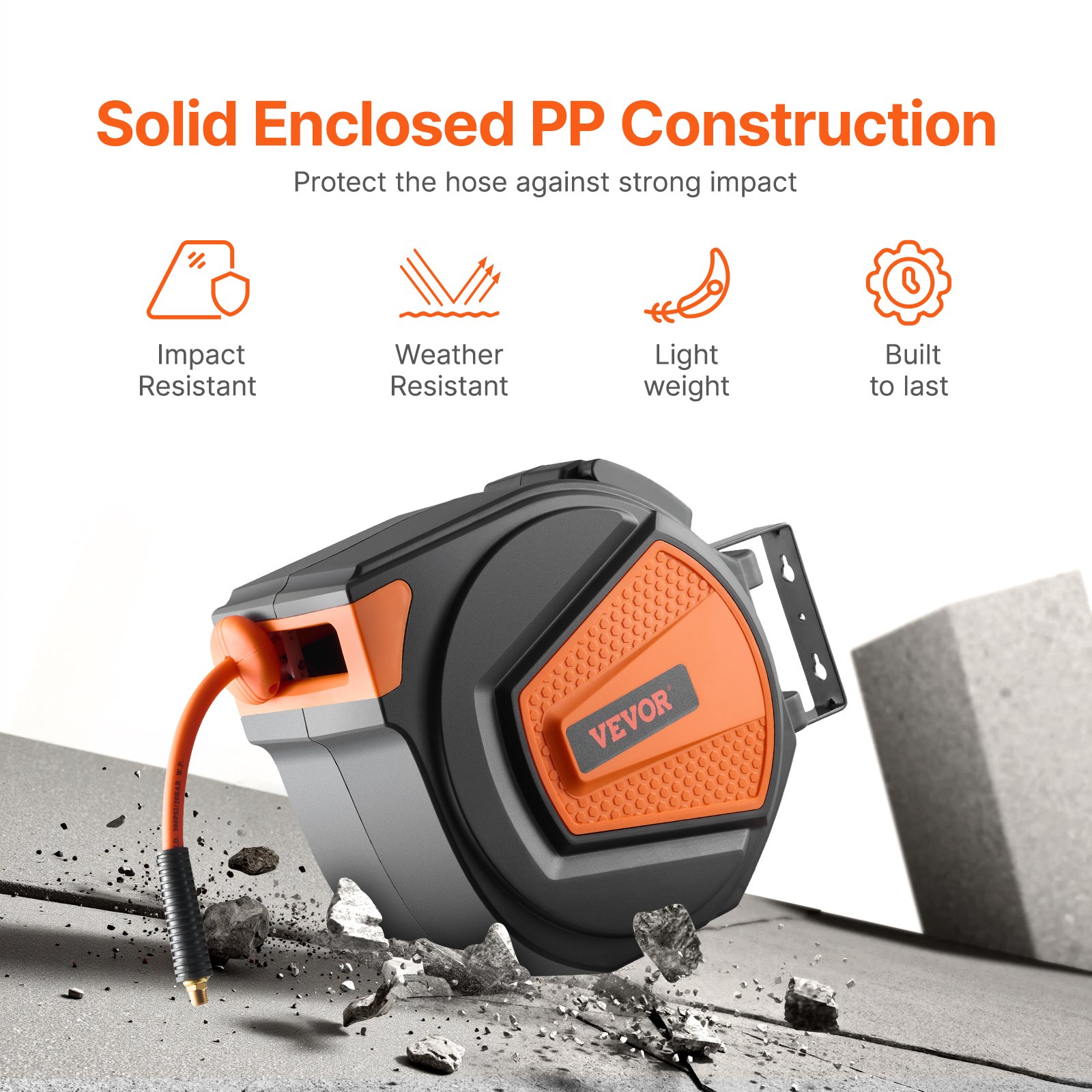 VEVOR Retractable Air Hose Reel, 3/8IN x 65FT Hybrid Air Hose Max 300PSI, Air Compressor Hose Reel Auto-Rewind with 6.6 FT Lead in, Ceiling/Wall Mount Enclosed PP Reel & Built-in 180° Swivel Bracket