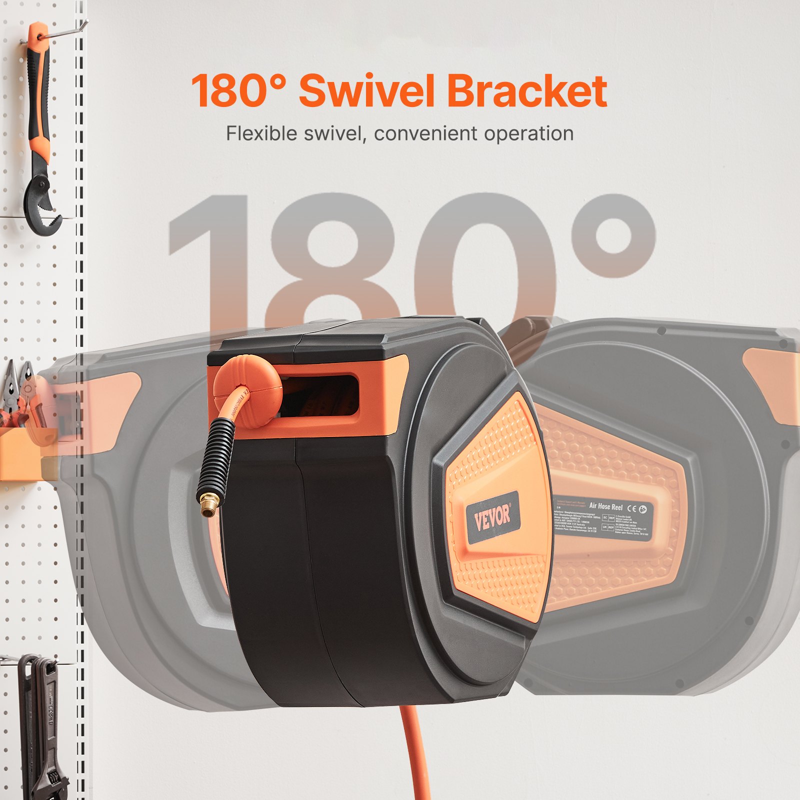 VEVOR Retractable Air Hose Reel, 3/8IN x 65FT Hybrid Air Hose Max 300PSI, Air Compressor Hose Reel Auto-Rewind with 6.6 FT Lead in, Ceiling/Wall Mount Enclosed PP Reel & Built-in 180° Swivel Bracket