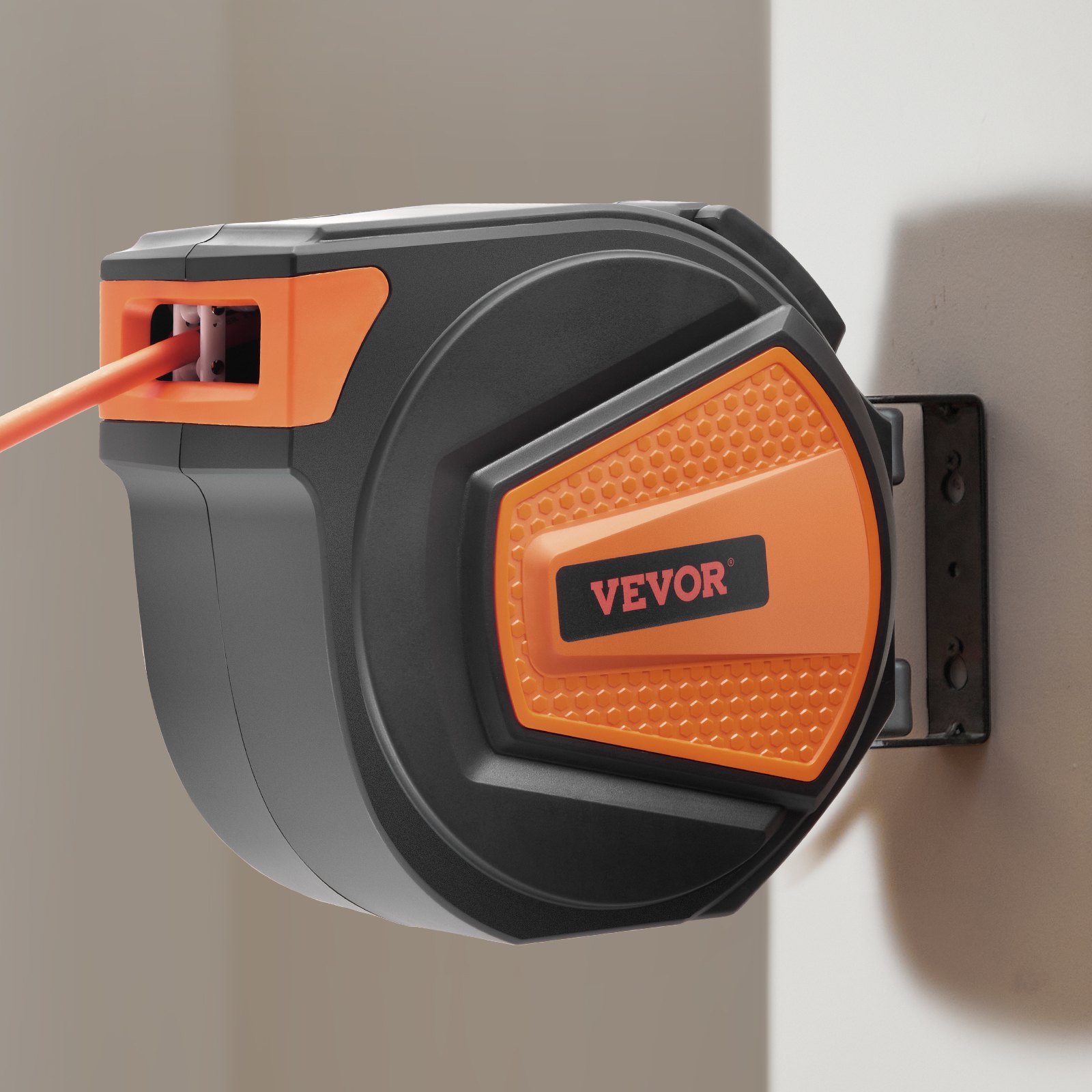VEVOR Retractable Air Hose Reel, 3/8IN x 65FT Hybrid Air Hose Max 300PSI, Air Compressor Hose Reel Auto-Rewind with 6.6 FT Lead in, Ceiling/Wall Mount Enclosed PP Reel & Built-in 180° Swivel Bracket