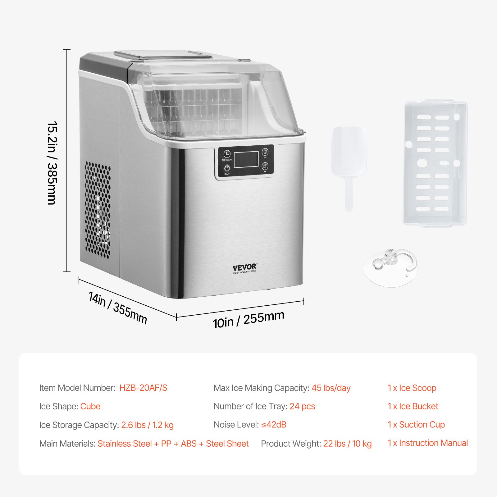 VEVOR Countertop Ice Maker, 24 Cubes Ready in 15 Mins, 45lbs in 24Hrs, Self-Cleaning Portable Ice Maker with Ice Scoop and Basket, Ice Machine with 3 Sizes Ice Cube for Home Kitchen Office Party