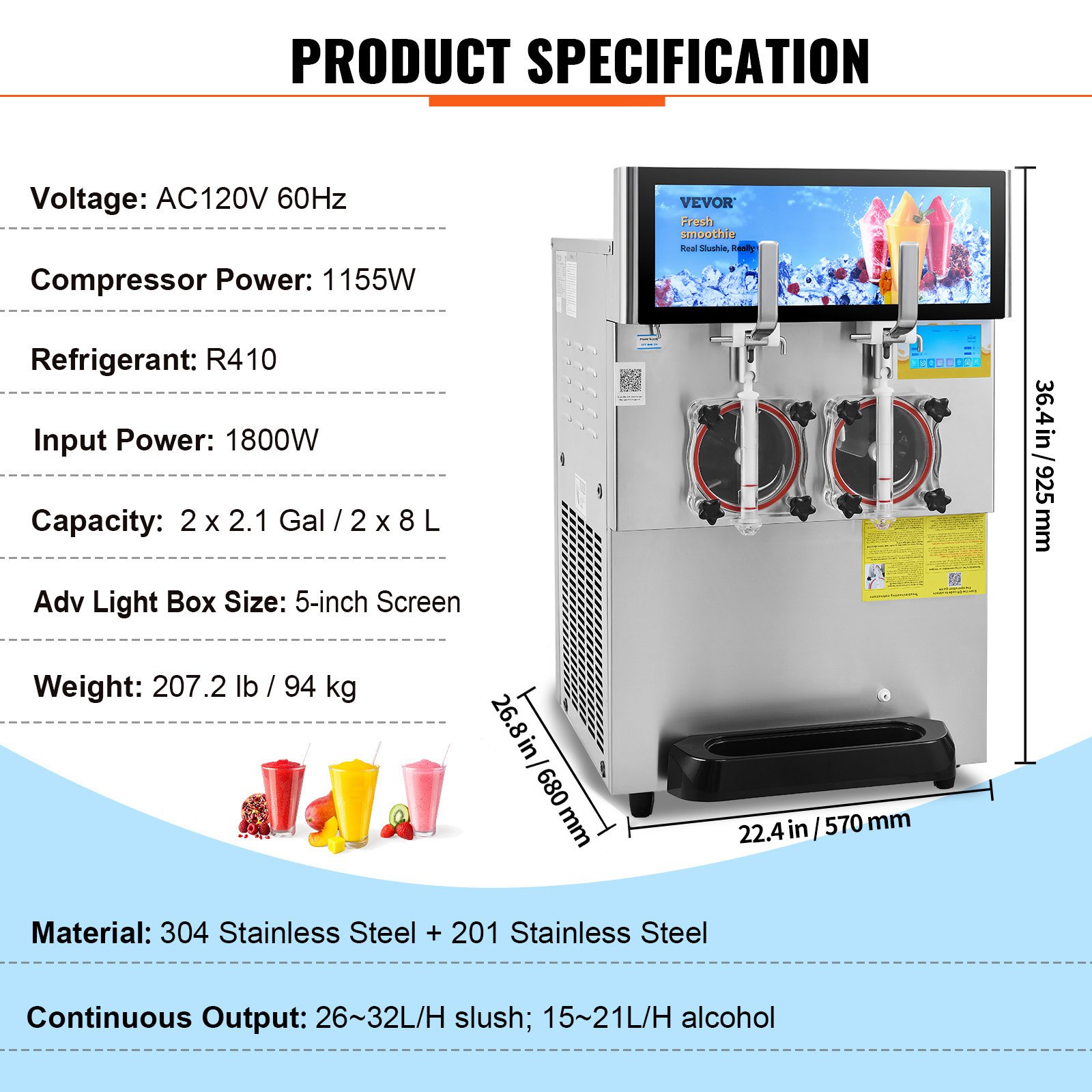 VEVOR Commercial Slushy Machine, 8L / 2.1 Gal Double Bowl Margarita Machine, 1155W Stainless Steel Margarita Smoothie Frozen Drink Maker, Slushie Machine for Party Cafes Restaurants Bars Home