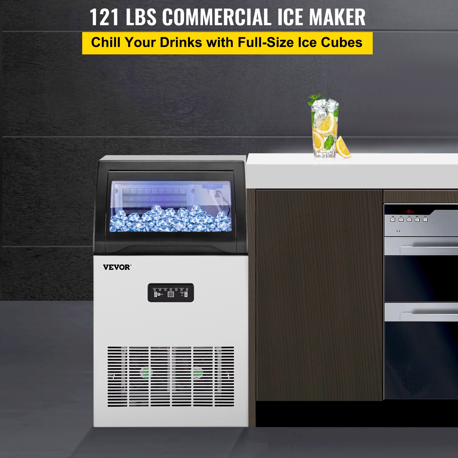 VEVOR 110V Commercial Ice Maker Machine 120LBS/24H Stainless Steel Ice Machine with 29LBS Storage for Home Office Shop Bart, 50 Ice Cubes Ready in 11-15Mins, Water Filter and Connection Hose Included