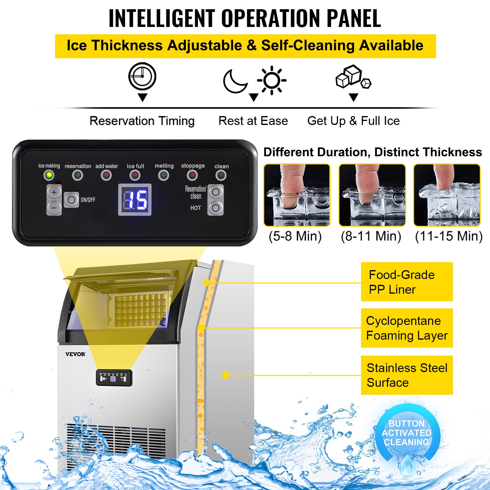 VEVOR 110V Commercial Ice Maker Machine 120LBS/24H Stainless Steel Ice Machine with 29LBS Storage for Home Office Shop Bart, 50 Ice Cubes Ready in 11-15Mins, Water Filter and Connection Hose Included