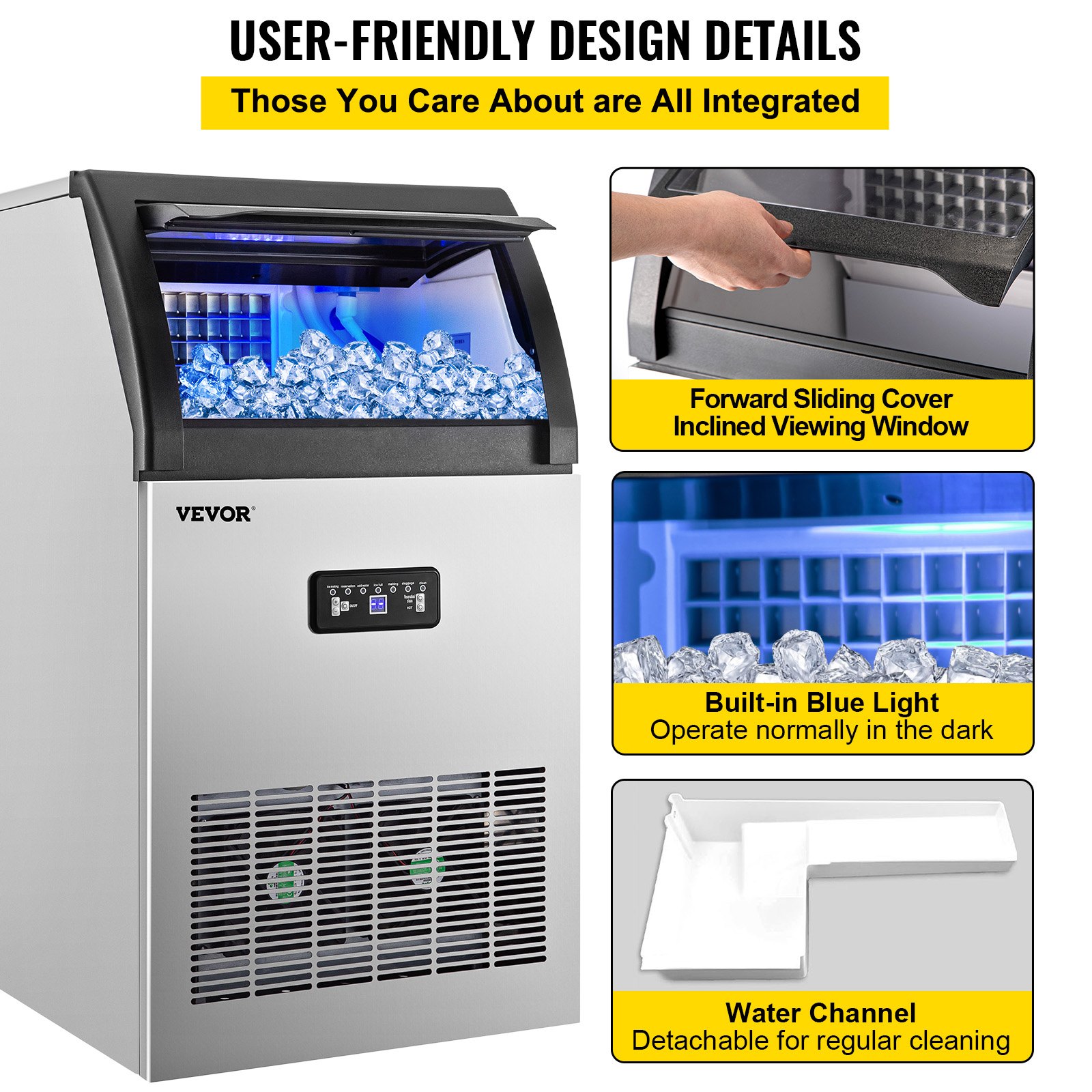 VEVOR 110V Commercial Ice Maker Machine 120LBS/24H Stainless Steel Ice Machine with 29LBS Storage for Home Office Shop Bart, 50 Ice Cubes Ready in 11-15Mins, Water Filter and Connection Hose Included