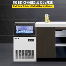 VEVOR 110V Commercial Ice Maker Machine 155LBS/24H, 530W Stainless Steel Ice Machine with 33LBS Storage Capacity, 72 Ice Cubes Ready in 11-15Mins, Includes Water Filter and Connection Hose