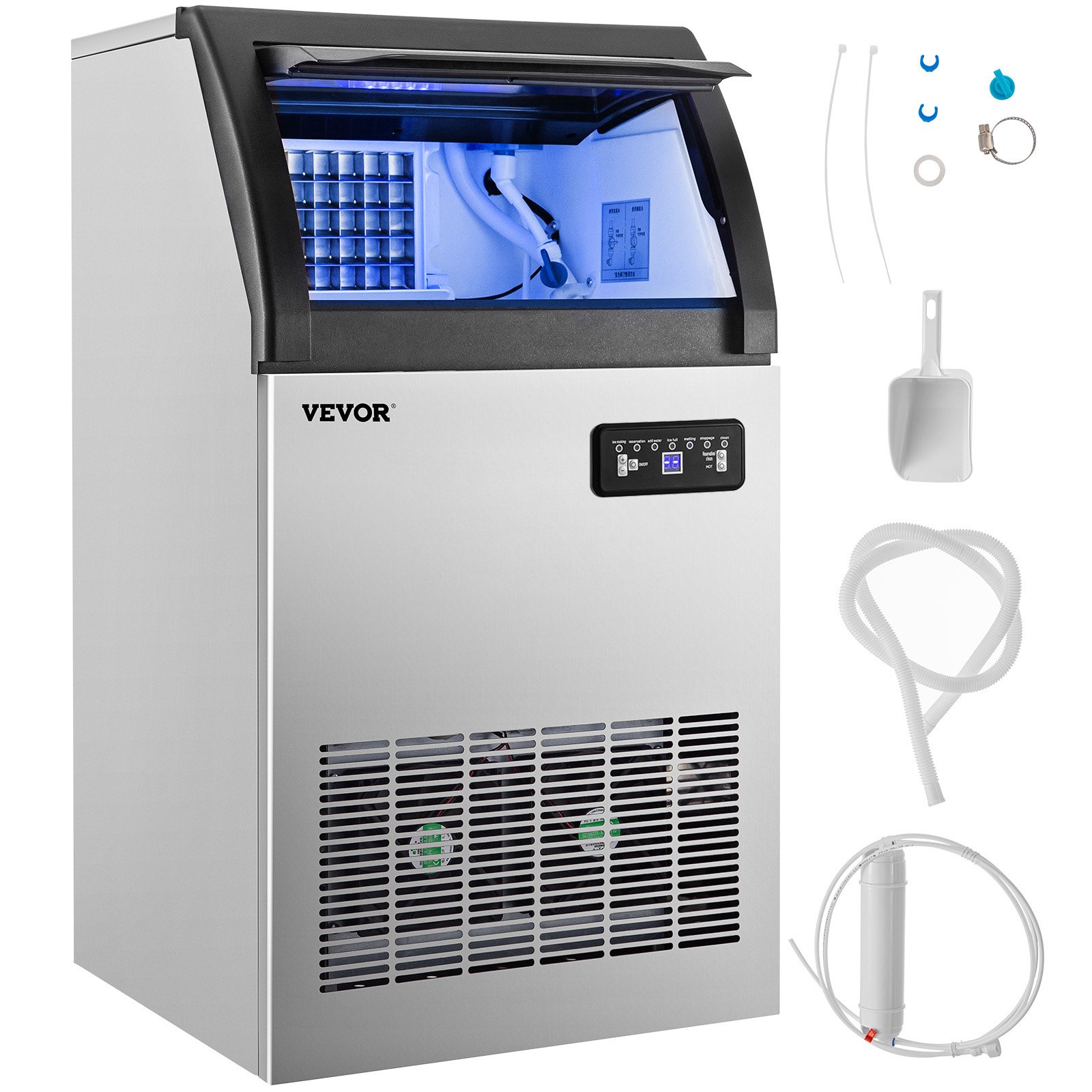 VEVOR 110V Commercial Ice Maker Machine 155LBS/24H, 530W Stainless Steel Ice Machine with 33LBS Storage Capacity, 72 Ice Cubes Ready in 11-15Mins, Includes Water Filter and Connection Hose