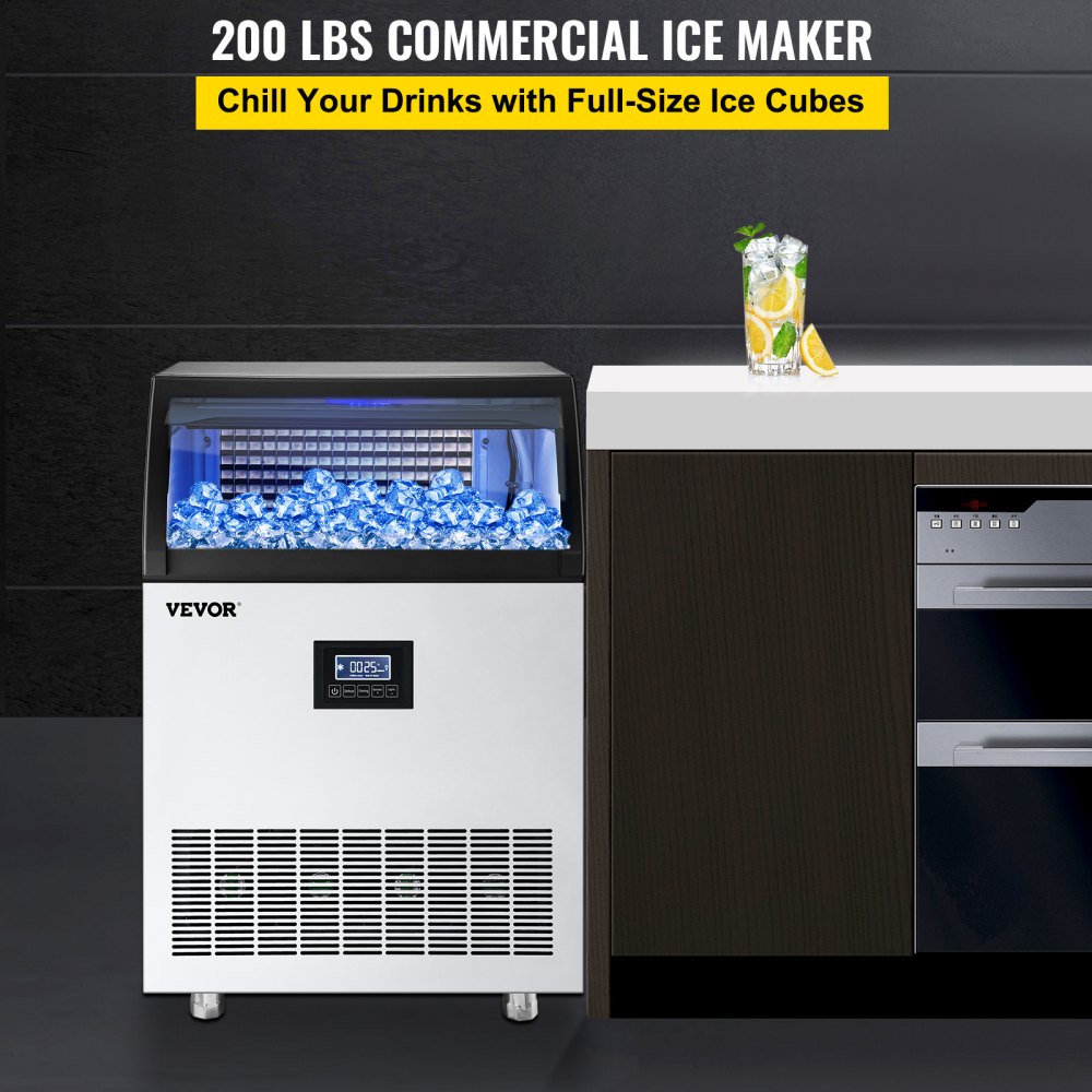 VEVOR 110V Commercial Ice Maker Machine 200LBS/24H, 710W Stainless Steel Ice Machine with 55LBS Storage Capacity, 90 Ice Cubes Ready in 11-15Mins, Includes Water Filter and Connection Hose